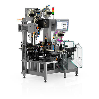 Serialisierung Pharma TQS-HC-A mit Tamper-Evident und Vignettenetikettierer von links